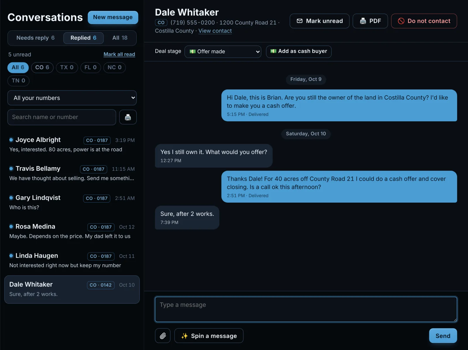 The Phone Sniper Conversations inbox sorted by who needs a reply
